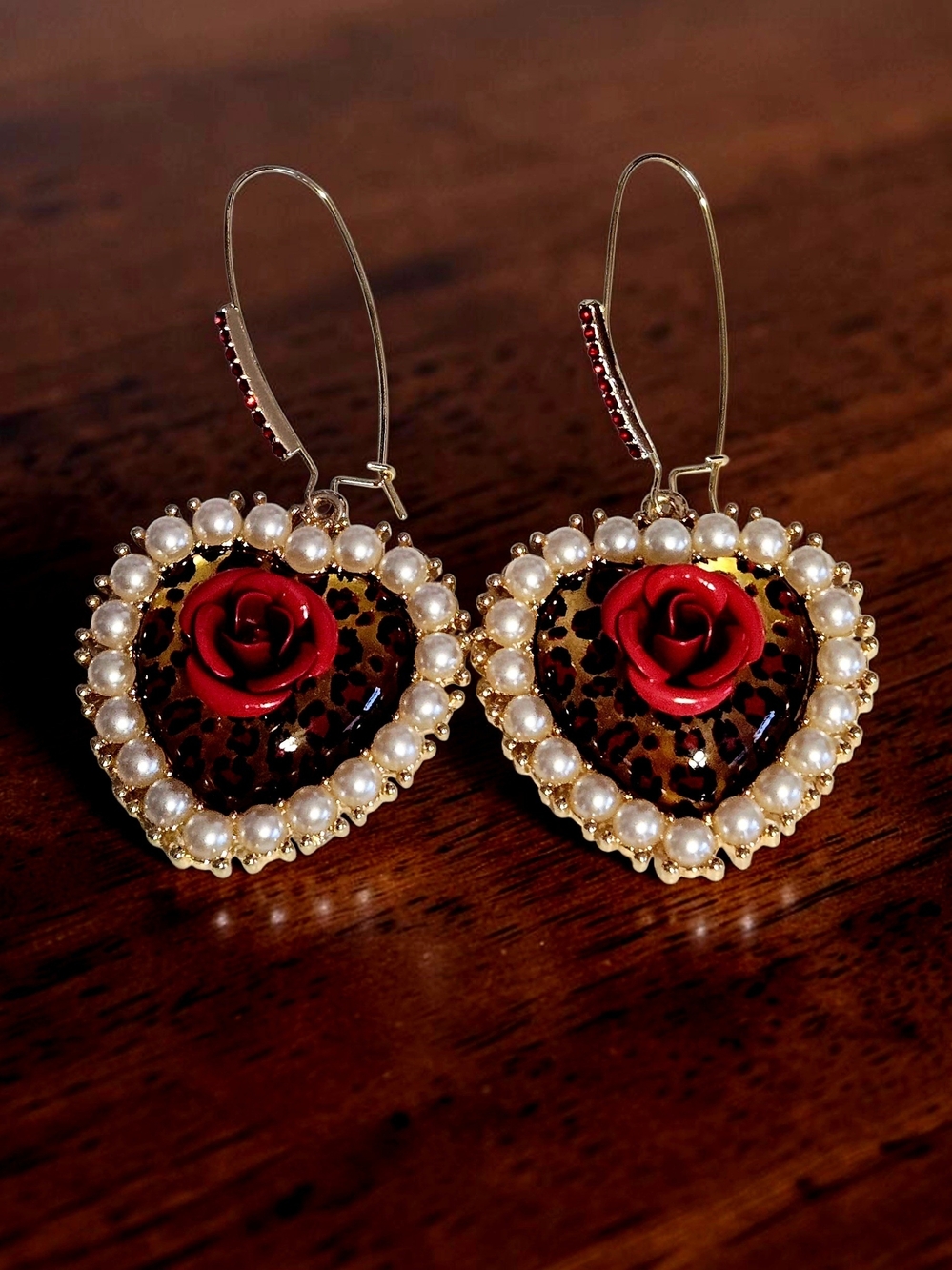 NEW Betsey Johnson Leopard Heart Red Rose Pearl Gold Tone Dangle Earrings 3" NWT